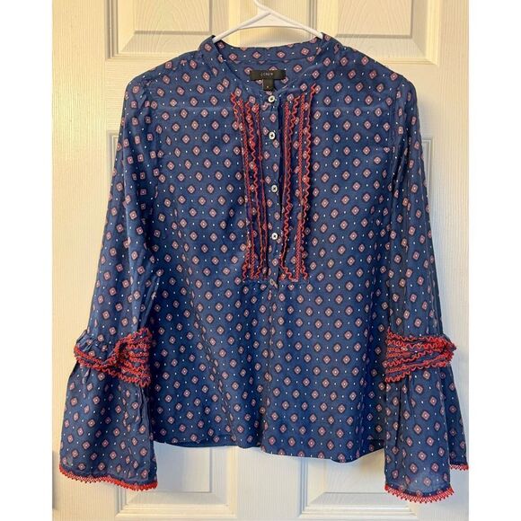 J. Crew Embroidered Blue & Red Long Bell-Sleeve Silk Blend Foulard Top Women's - Picture 3 of 11